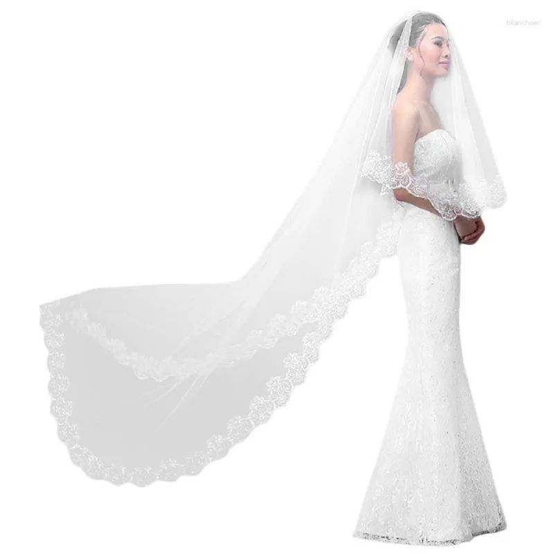 Brudslöjor Kvinnor Pure White Wedding Veil 3 m lång broderad blommig spetsskammad kantkatedral 1 Lagerfesttillbehör ingen kam
