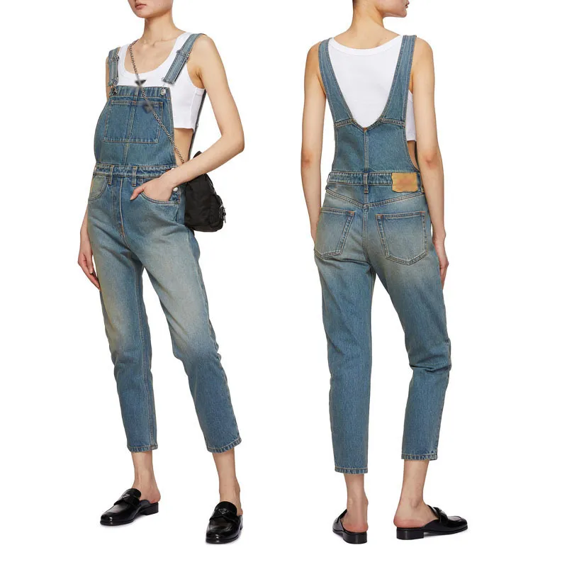 Designer Women Denim Overalls Fashion Streetwear Pencil Pants High Waist Strap Straight Jeans Trousers wholesale brand