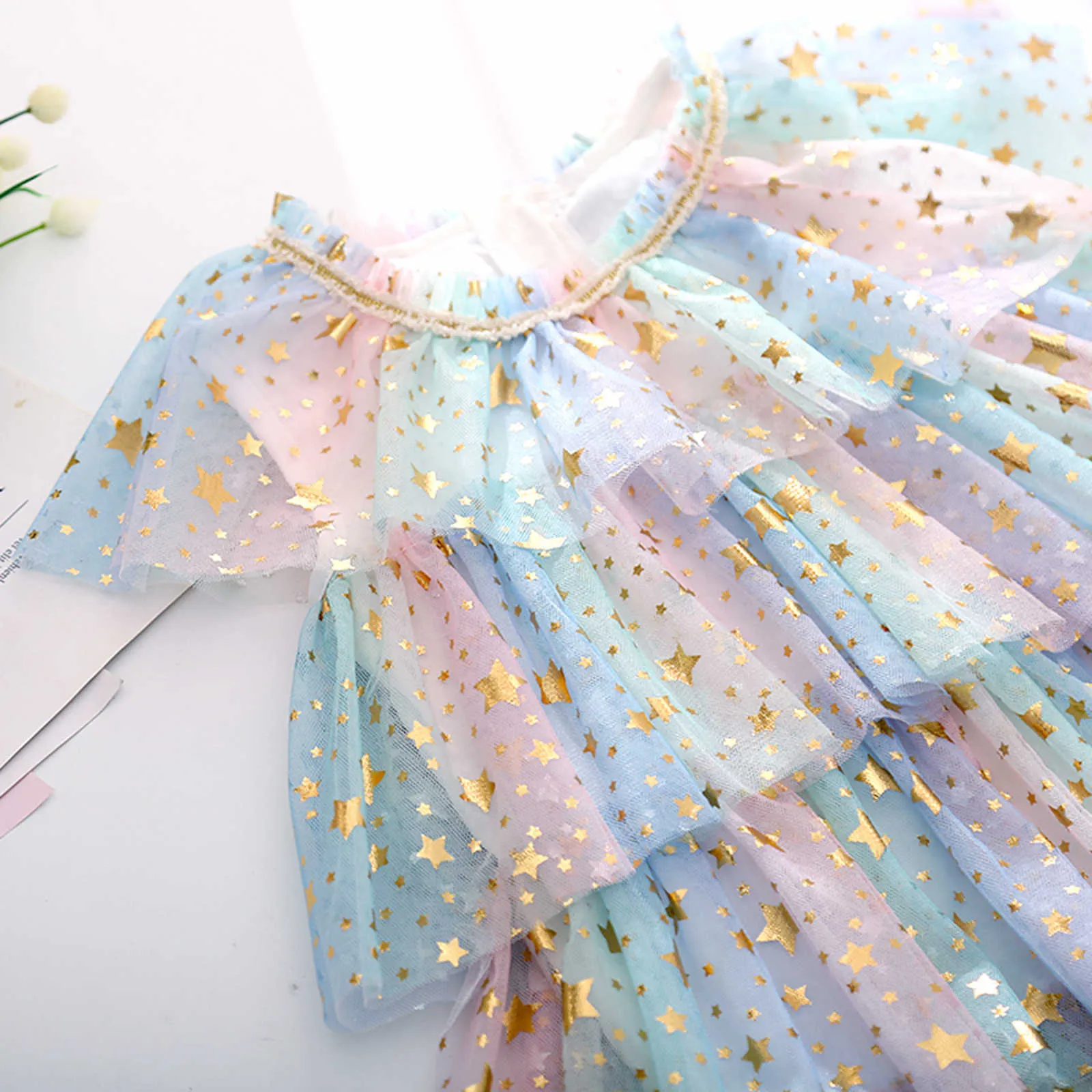 Sukienki dziewczynki dla dzieci sukienka dla dziewczynki drukowana przędze siatki sukienka pullover letnia warstwowa sukienka do ciasta księżniczki