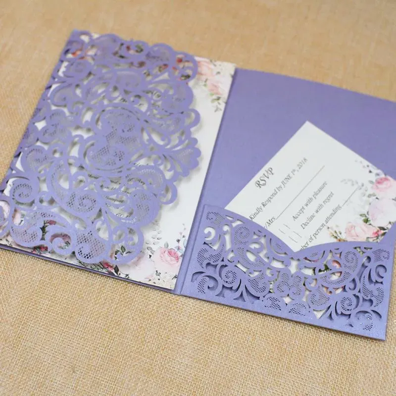 50set viola inviti romantici di nozze con carte RSVP Decorazione della festa Card Fare di matrimonio Invito di compleanno Laser Invitizz