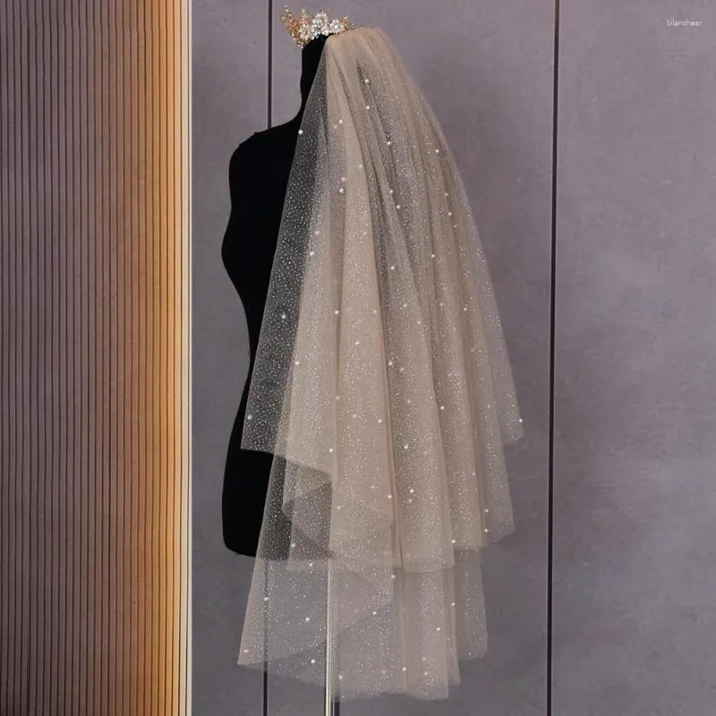 Véus de noiva Trixy pérolas com miçangas brilhantes véu de casamento dupla curto com pente para chumbo -champanhe branco tule cortado borda