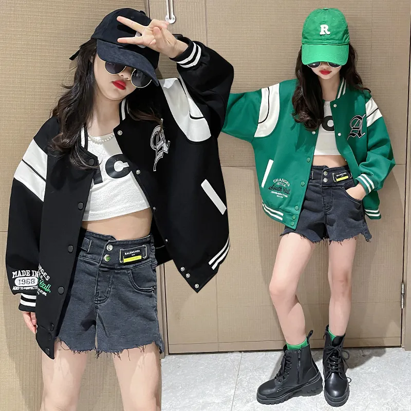 Jackets Spring Fall Baseball Jacket Girls Casual Sport Coat Teenager Black Outerwear Bomber School Children Varsity 6 7 9 11 13 Y 230814