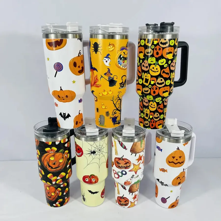 Mugs Halloween Pumpkins Ghost 40 oz Tumbler med handtag kaffe dubbel vägg rostfritt stål vakuumisolerat halm 230815