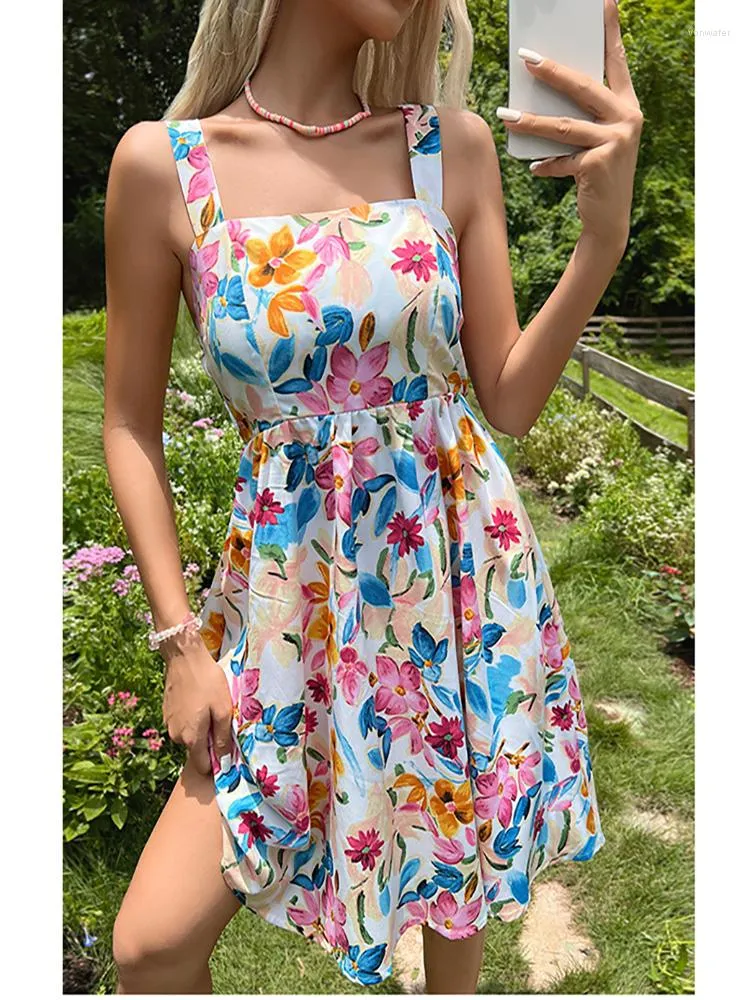 Casual Dresses Summer Women's Sleeveless Style Polyester Material 2023 Fashion Print Sling Midje Pullover Stor Swing Dress