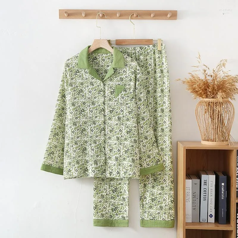 Kvinnors sömnkläder i ren bomull 2 ​​st pajamas pyjama femme tryck vårens höst långa ärmar toppar byxor loungewear