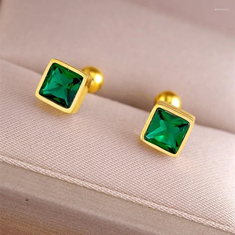 Studörhängen Green Zircon Square for Women Korea mode lyxig tjej rostfritt stål mini söt öron piercing smycken tillbehör