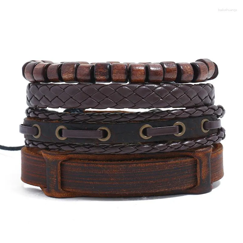 Bangle Punk Style 4pcs/Set Vintage Multilayer äkta läderarmband Män flätade handgjorda träpärlor Rope Wrap Armelets Male Gift