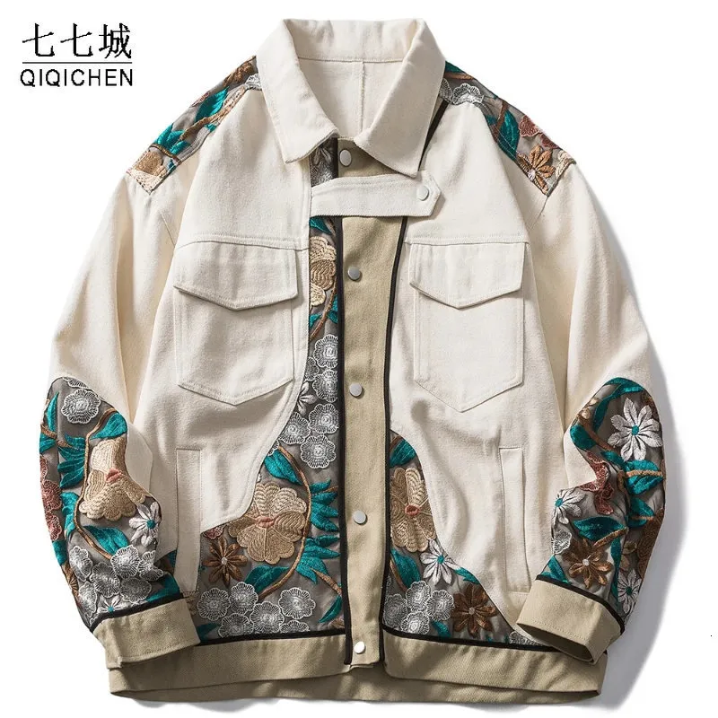 Мужские куртки мужская куртка уличной одежды хлопка японская вышиваемая лоскутная лоскутная обзорная куртка винтаж Harajuku Loak Pater Unisex Spring Oversize Top 230815
