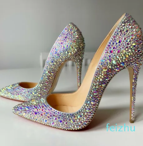 Casual Designer Sexy Lady Fashion Women Shoes Crystal Glitter Strass Pointy Toe Stiletto Stripper High Heels Zapatos Mujer Prom Evening pumps Large s