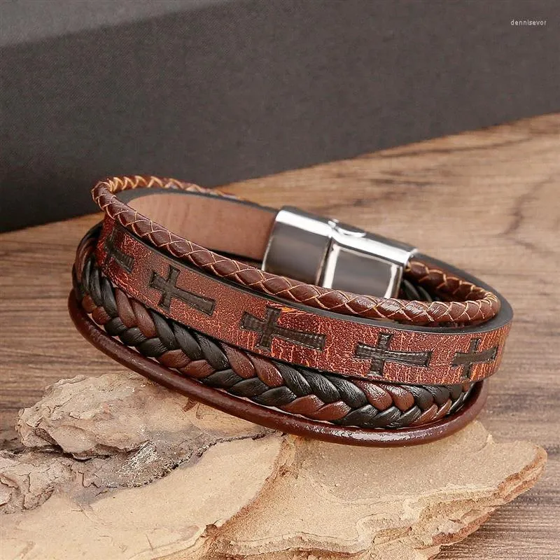 Multi-layer Leather Stainless Steel Men's Bracelet Black / 23cm