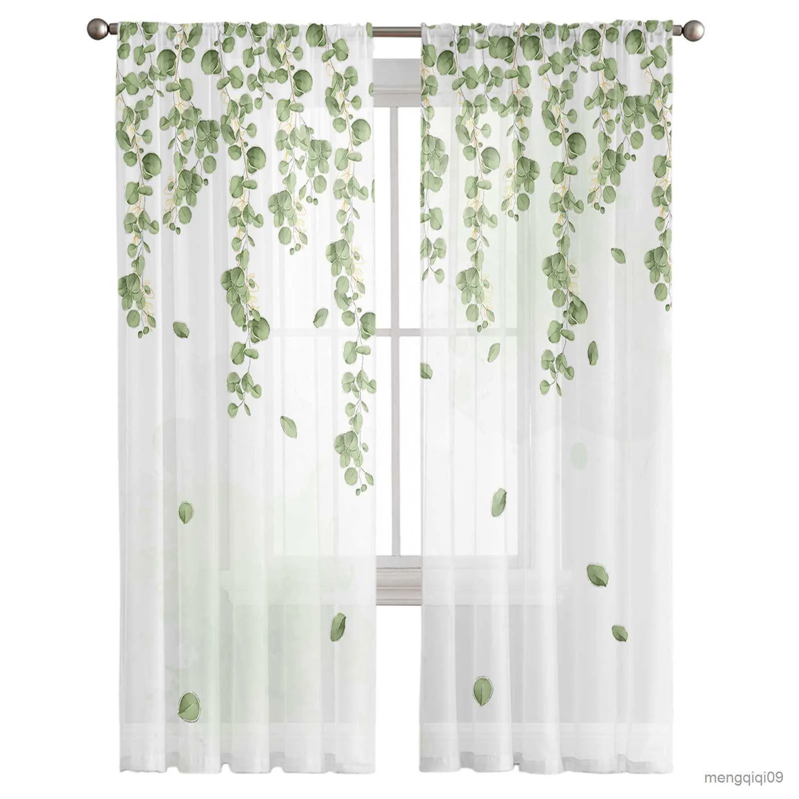 Tende a acquerello eucalipto foglie pianta verdi voculi di tulle tende a trasparente per camera da letto soggiorno decorazioni cucina tende da finestra R230815