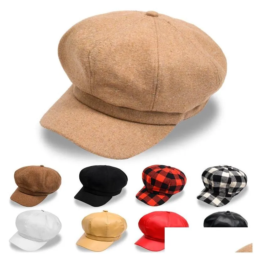 Berets Fashion Spring Autumn Womens Woolen Plaid Hat Cap Style Leather Newpaperboy Dome Caps Accessories Drop Delivery Hats Scarves Gl Dhpcw