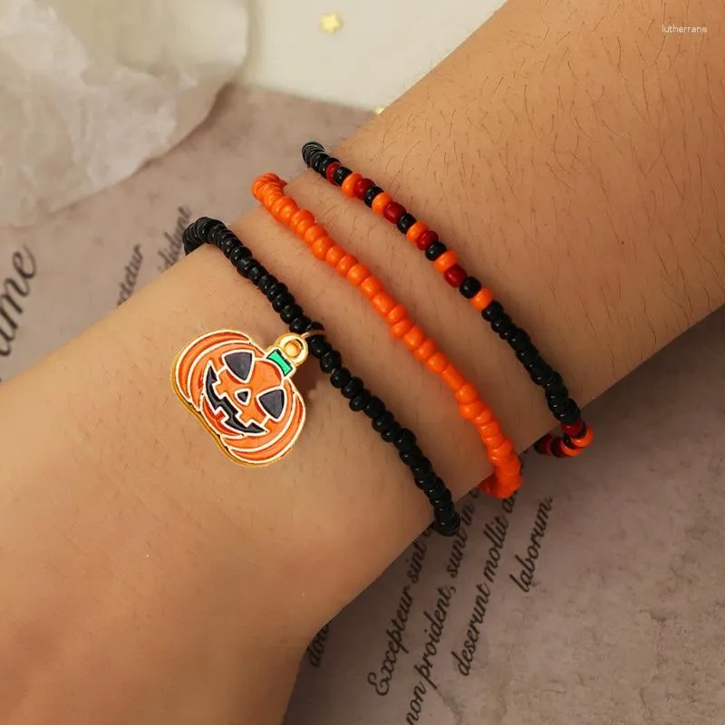 Bracelets de charme 3pcs Halloween Rice Breads Bracelet Set para mulheres meninas de abóbora de abóbora de abóbora de abóbora Acessórios de férias pendentes