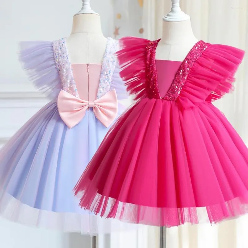 Girl Dresses Summer Children for Girls Elegant Wedding Bridesmaid Worchless Bow Tulle Evening Party Gown Bid Kids Princess Costume