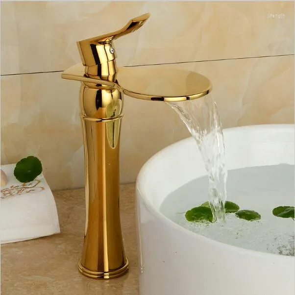 Badrumsvaskar Krattor Ankomst Luxury Golden Waterfall Faucet Enkel handtag Antik köksbassäng G1063