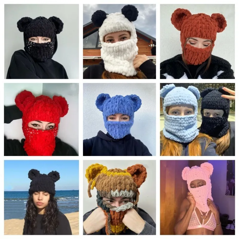 Beanie/Skull Caps Women Winter Balaclava Hats Halloween Party Bear Ears Creative Knit Hat Man Warm Outdoor Full Face Mask Ski Mask 230814