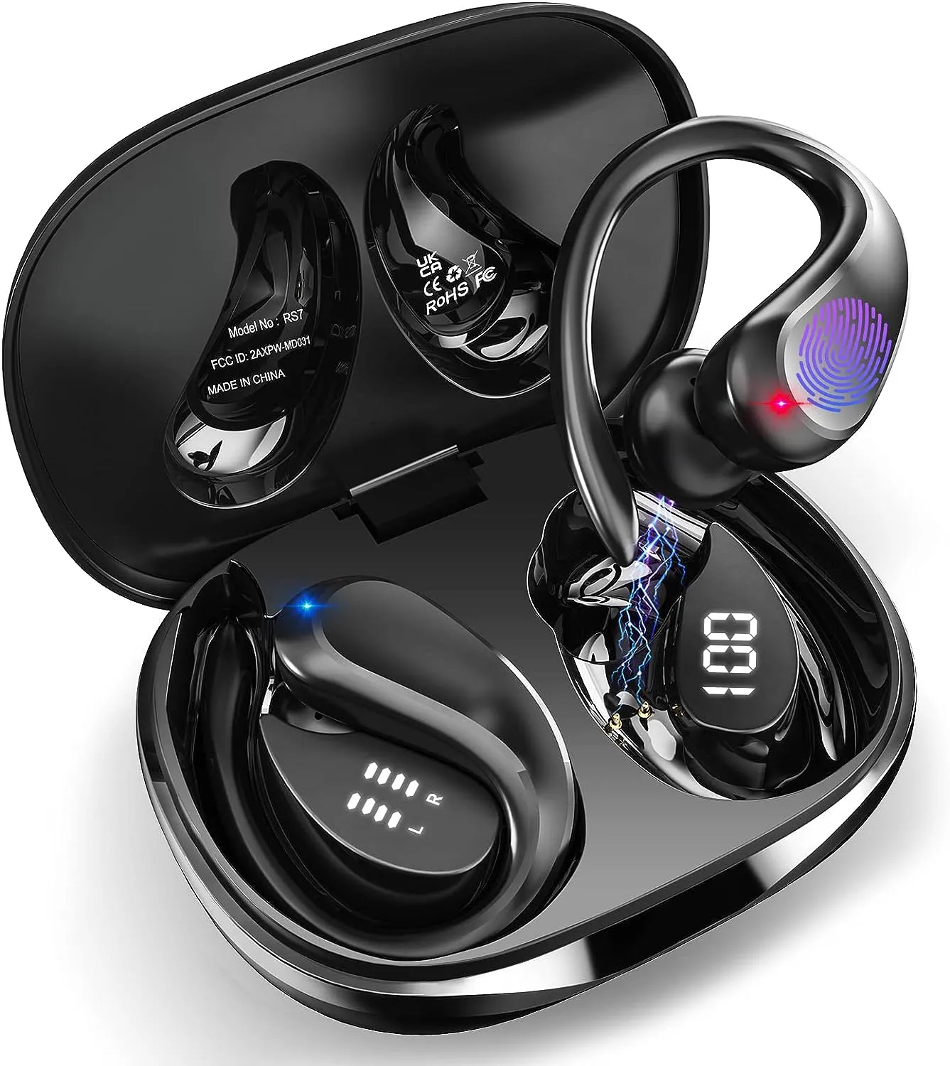 Fones de ouvido sem fio bluetooth 5.3 fones de ouvido 40hrs jogam fones de ouvido esportivos com tela de LED dupla, fones de ouvido Bluetooth IP7 à prova d'água com earhooks