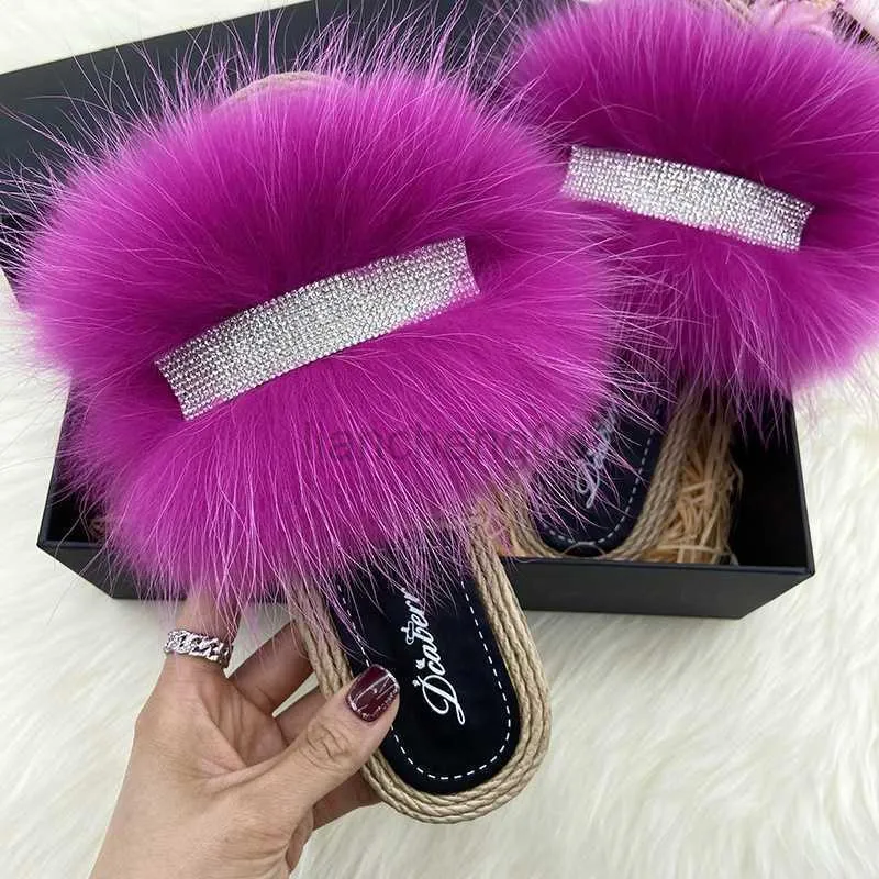 Slippers Slippers Woman Real Fur Sandals Summer Luxury Crystal Fluffy Slippers Ladies House Slippers 2022 Female Flats Flip Flops Slides X230519