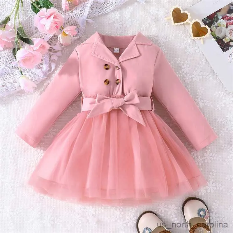 Girl's Dresses Children Dresses Spring Autumn Collar Kids Clothes Fashion Baby Girls Clothing Tulle Patchwork Dress with Belt R230815