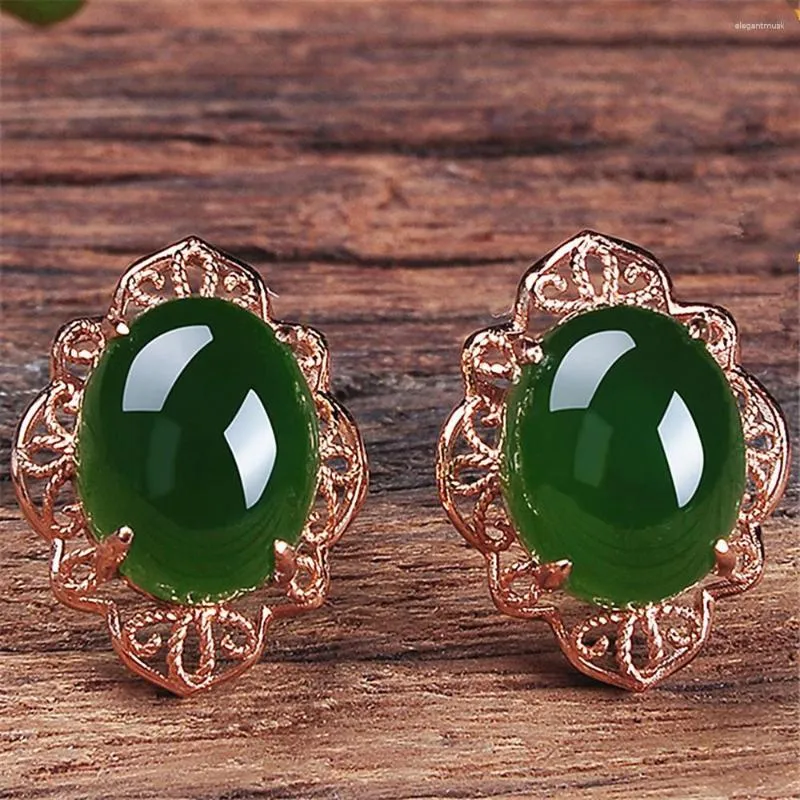 Stud Earrings Vintage Flower Carving Emerald Green Jade Gemstones For Women Rose Gold Silver Color Jewelry Bijoux Birthday Gifts
