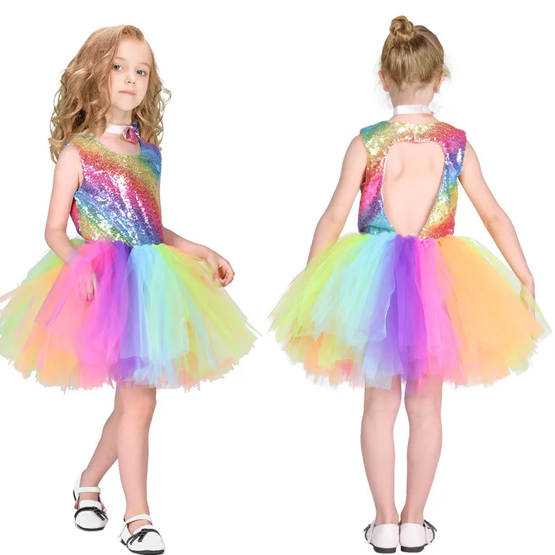 Flickans klänningar cosplay pastell regnbågs paljetter klänning baby flicka födelsedagsfest prinsessan klänning kostym barn sommar tutu klänning 2-10t kläder 230815