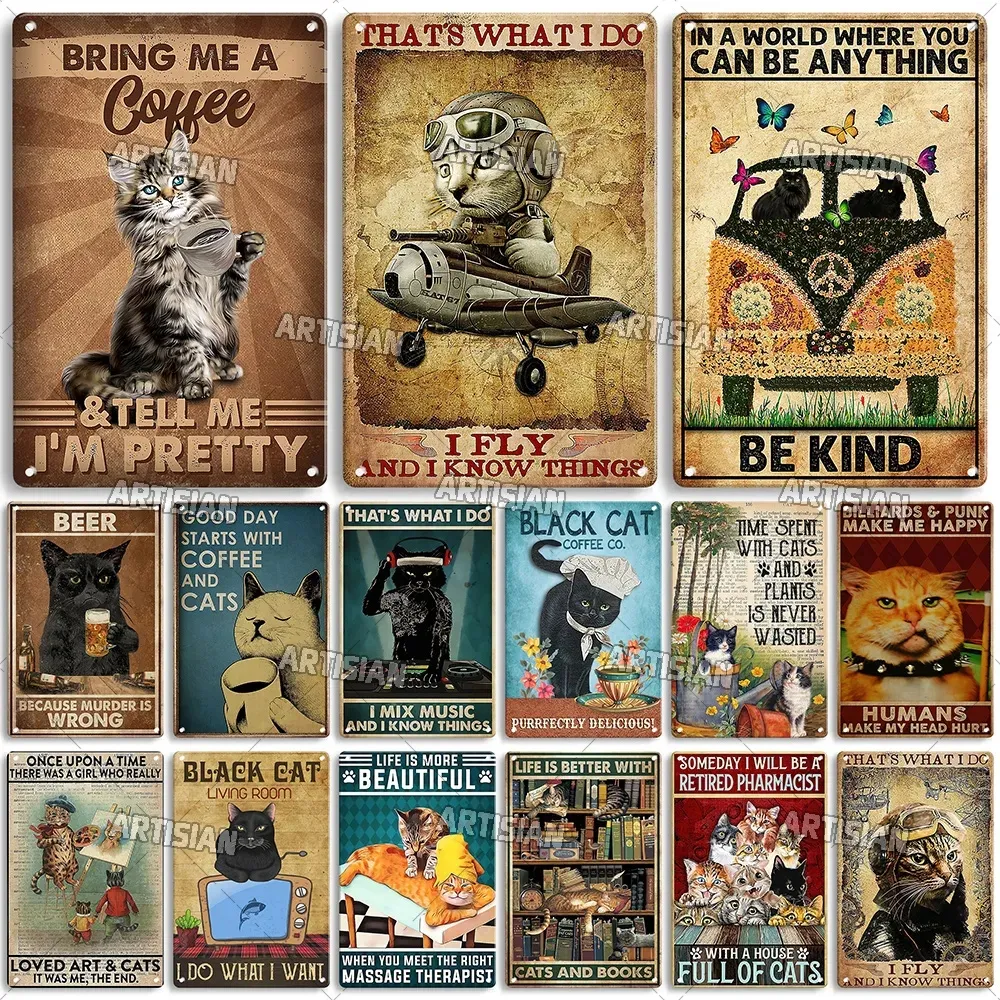 Zwarte kat retro metalen poster schattige katten ijzer schilderen grappig huisdier vintage decoratief blikje garage bar pub club keuken huis man cave muur decor 30x20cm w01