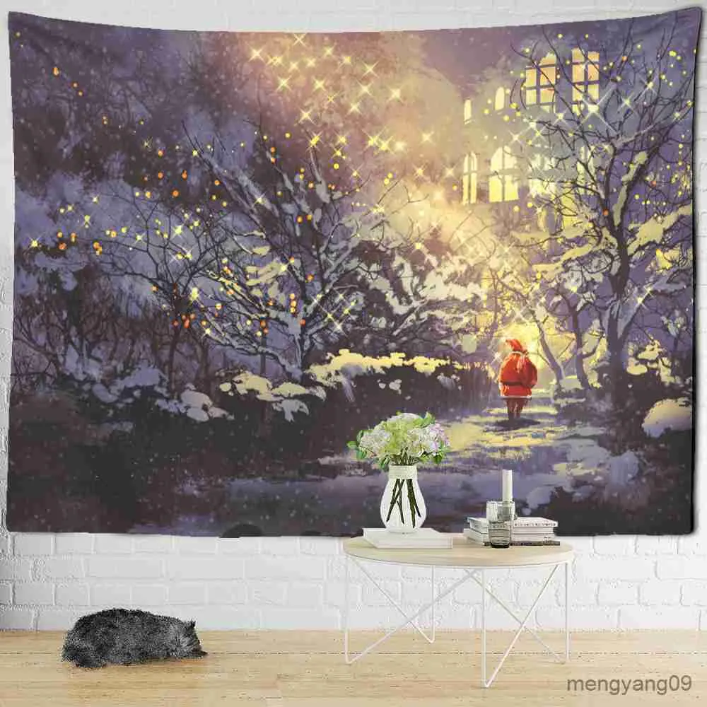 Tapestries Kerstmis Sneeuwachtige reiskaart Tapijtmuur Hanging Forest House Illustratie Huis Woonkamer Decor R230815