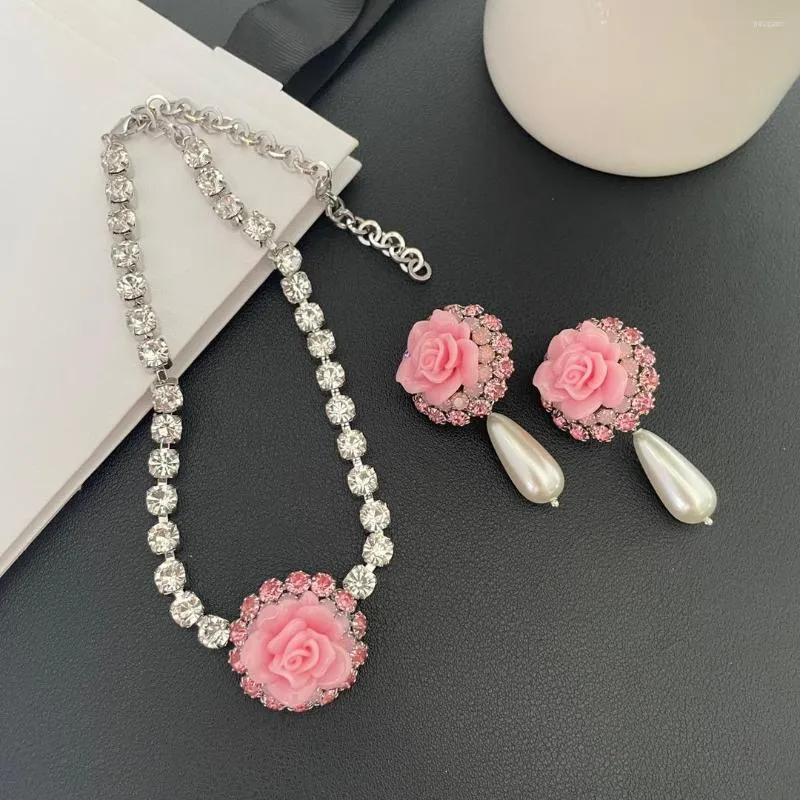 Pendant Necklaces Fashion Personality Light Luxury Pink Flower Necklace Earrings Set For Women Collares Para Mujer Collar Collier