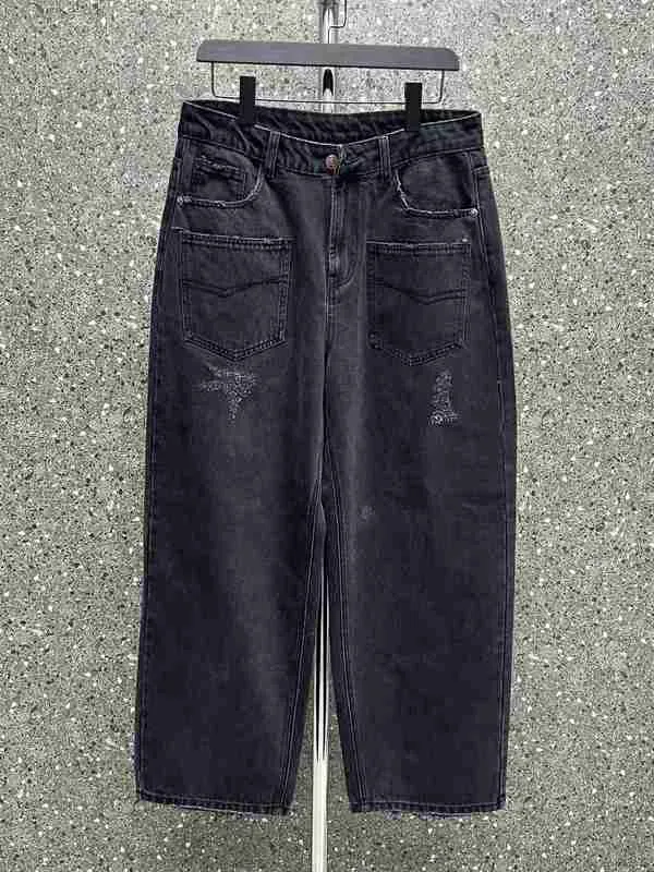 Kvinnor Jeans Designer Rätt version av Paris B Heavy Industry's Washed, slitna Jean med framfickor för män och kvinnor som lossar passande byxor Oxc0