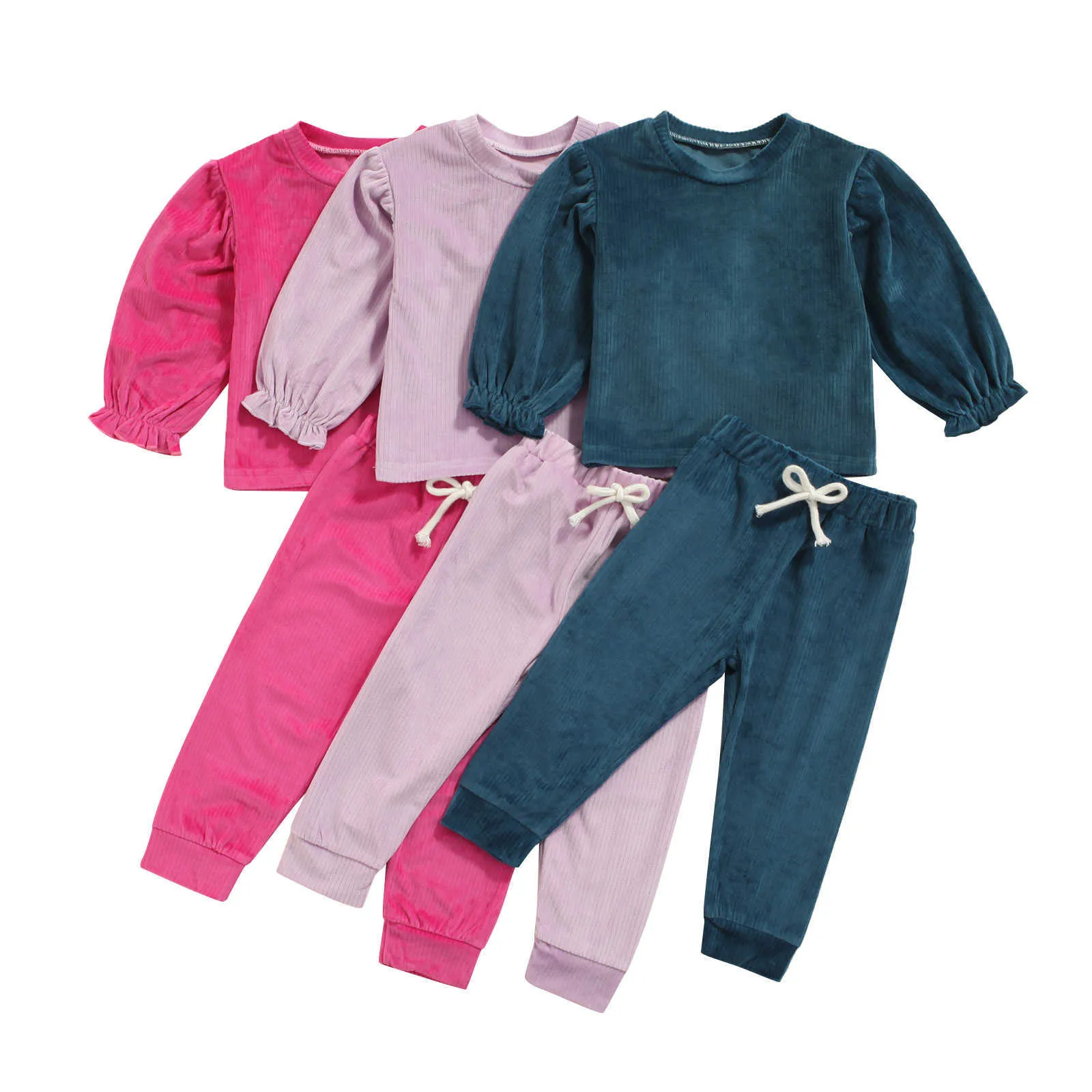 Kleidungssets Cooles kleines Baby-Set für Mädchen, einfarbig, Rundhalsausschnitt, elastische Langarmmanschette, elastische Taille, Kordelzug, Hosen, Kinderkleidung