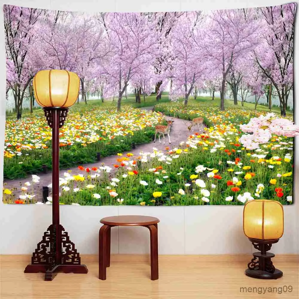 Tapestries Nachtzicht Bloem en vogel schilderen Tapijtwand Hangende perzik bloesem esthetiek Room Home Decor R230815