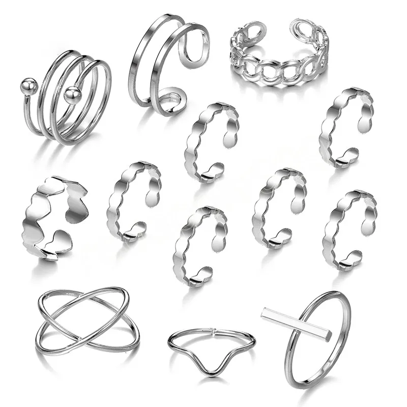 Silver Color Metal Bohemian Ring Set Hollow Chain Geometric Simple Finger Rings Wedding Fashion Jewelry Gifts