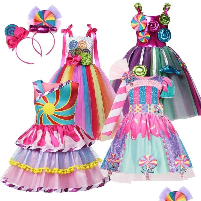 Abiti da ragazza Muababy Carnival Candy Dress for Girls Purim Festival Fancy Lipop Costume Bambini Summer Tutu Dressy Party Ball Gown Dhtoa