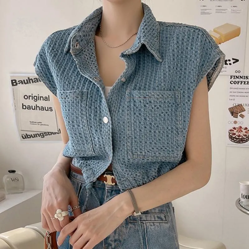 Damesvesten lente zomer vintage korte jacquard denim vest jas jas revers kraag slanke mouwloze vergtaap met één borsten