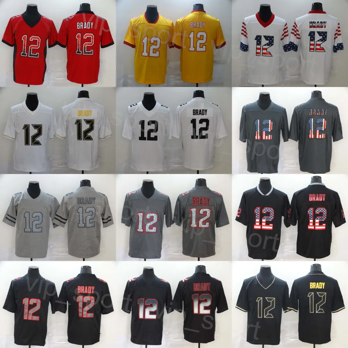 Homem Futebol Jersey 12 Tom Brady Uniforme All Ing Team Goddess Hifenização Sombra Bandeira Preto Branco Cinza Amarelo Azul Vapor Intocável Cor Rush Costura