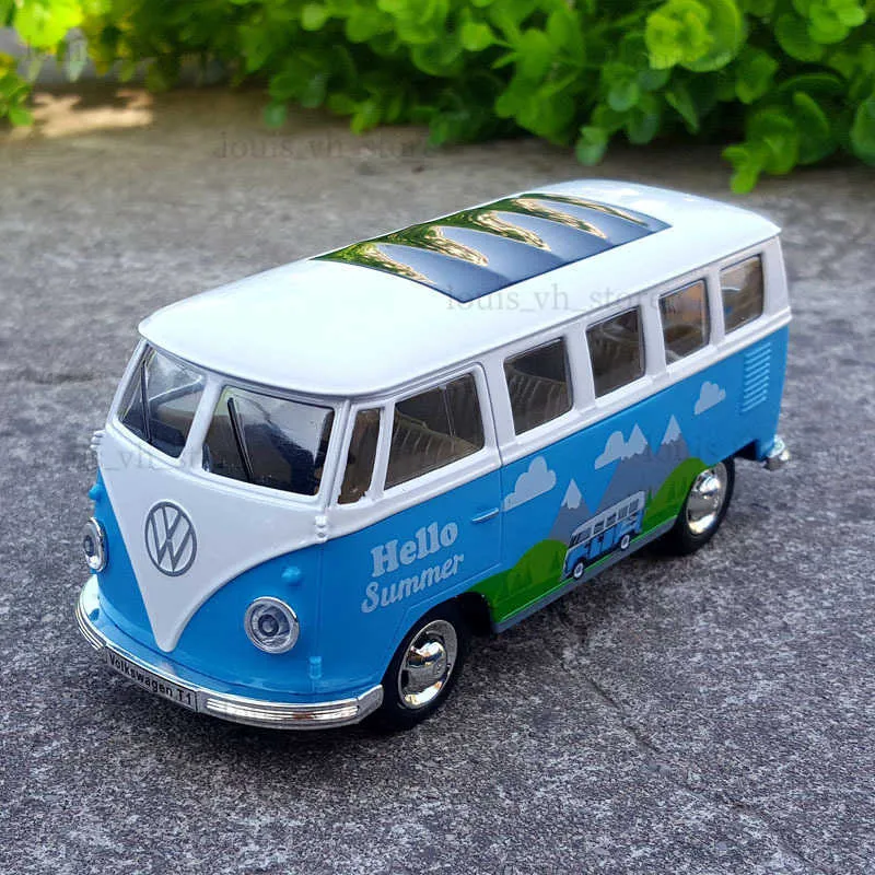 Caipo 1 30 Volkswagen VW T1 Buslegering Modellbil Toy Diecasts Metal Casting Sound and Light Car Toys för LDREN Vehicle T230815