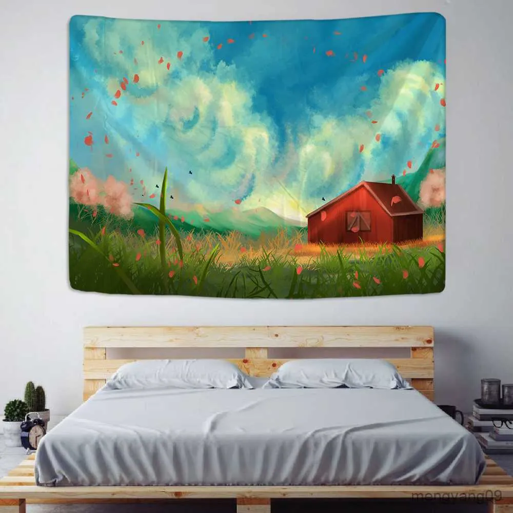 Tapisserier Red House målning Tapestry vägg hängande blå himmel grässlätt sovsal studio väggdekor R230815