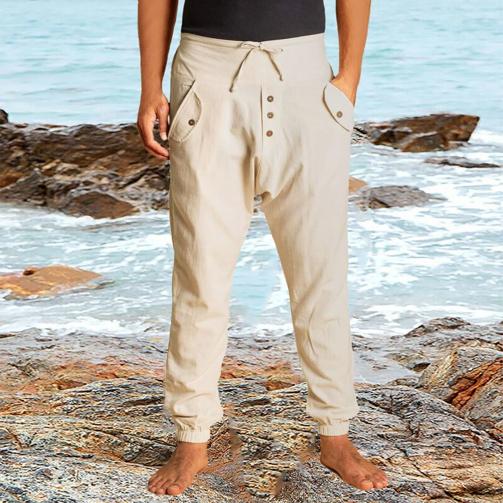 Pantaloni da uomo pantaloni di lino di cotone lunghi pantaloni a colori solidi in vita alta abbigliamento per le vacanze sciolte abiti da vacanza pantalones hombre 230815