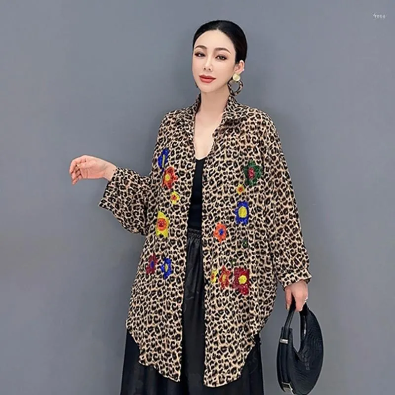 Chaquetas para mujeres elegantes verano de verano otoño camisa de leopardo cuello polo blusa de manga larga informal delgada abierta cárdigan camisa de leopardo para