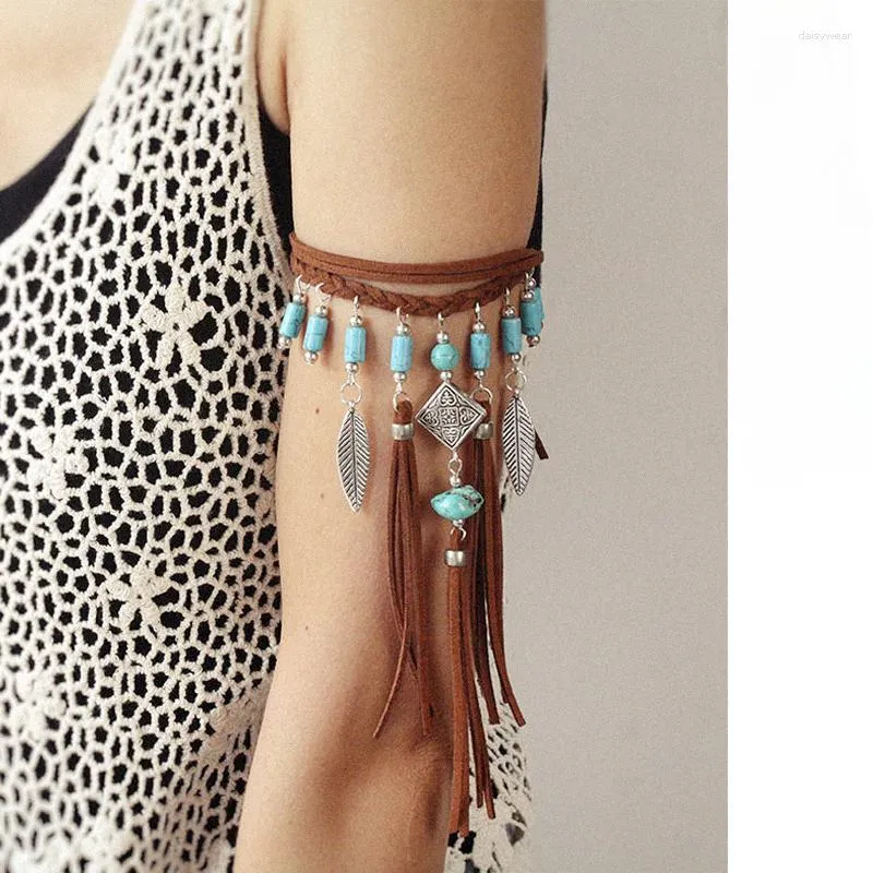 Link armbanden hoofdtooi dames lederen touw metaal op maat gemaakte etnische stijl arm ketting ketting kwast synthetische turquoise ornament vakantie