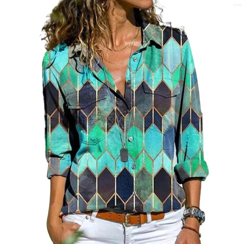 Women's Blouses Loose Fitting Long Sleeved Shirt Womens Lapel Button Up And Hexagonal Print Elegant Fashionable 2023 Shirts For Women