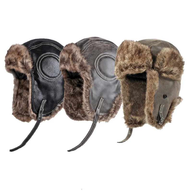 Trapper Hats Warm Ushanka Winter Hats Men's Women's Pilot Bomber Trapper Hat Leather Snow Cap Ear Protection Russian Hat 230815