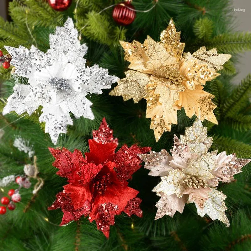 Kwiaty dekoracyjne 1/2pcs 20 cm brokat sztuczne świąteczne ozdoby drzewa ozdobności drzewa dekoracje na prezenty na rok domowy 2023 Navidad