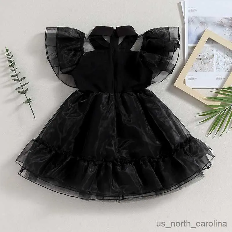 Girl's Dresses Children Girls Costume Fashion Simple Black Flying Sleeve Turn Down Collar Mesh Princess Dress Casual Kids Clothes R230815