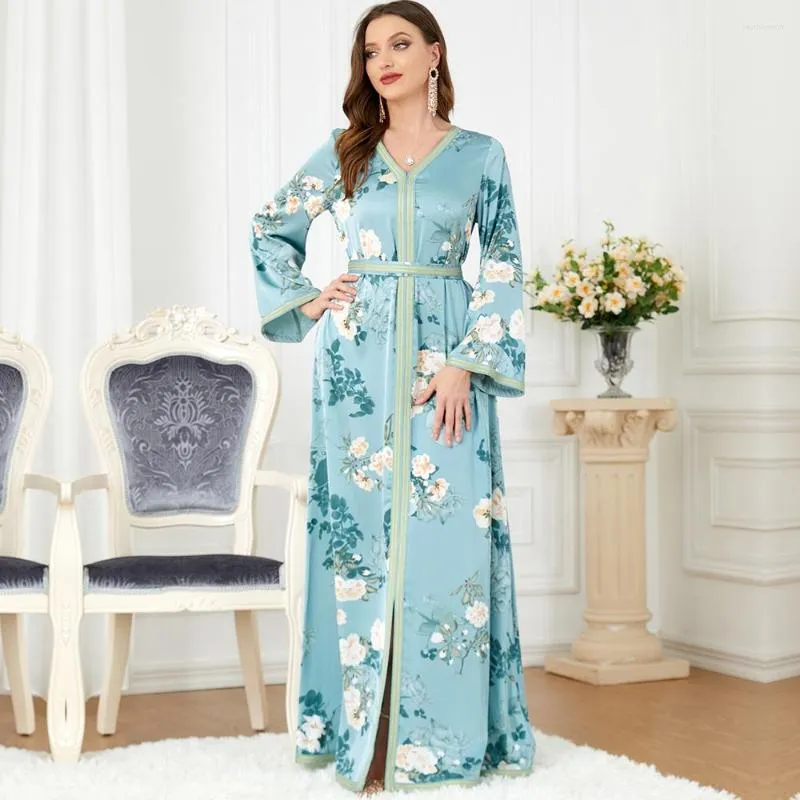 Ethnische Kleidung langes grüne Blumen -Satin -Kleid Vintage Kleidung Damen formelle Anlässe Kleider für Eid Abaya Integrierte Schleier Frau