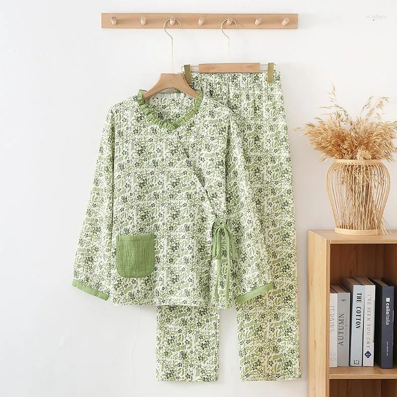 Kvinnors sömnkläder långärmad bomullsgarn kimono pyjamas v-hals gröna blommor tryck spetsar nacke japansk stil loungewear kvinnor 2 bit