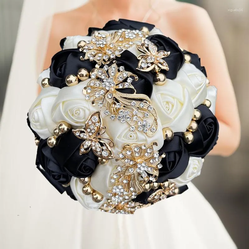 Dekorativa blommor 1 st/parti svart och grädde konstgjorda buketter diamant kristall äktenskap bröllop bukett rose brud