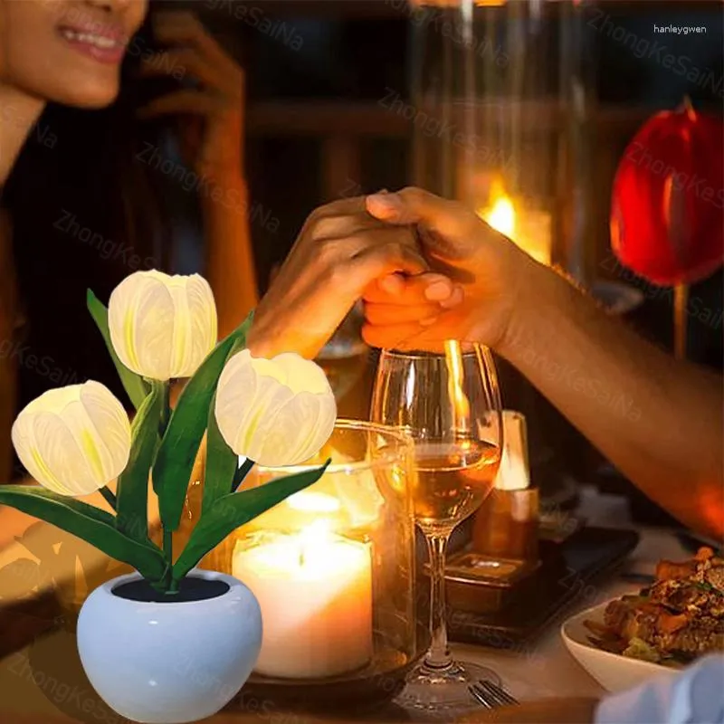 Bordslampor Touch Dimning Tulip Night Light USB uppladdningsbar simulering Flower Lamp Romantisk kruksam atmosfärdekor för CoFE/gåva/bröllop