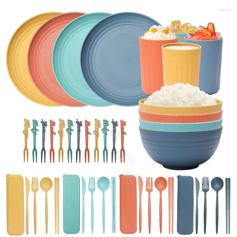 Dinnerware Sets Straw Kitchen Utensils Reusable Tableware Set Unbreakable Including Dinner Plates Bowls Forks