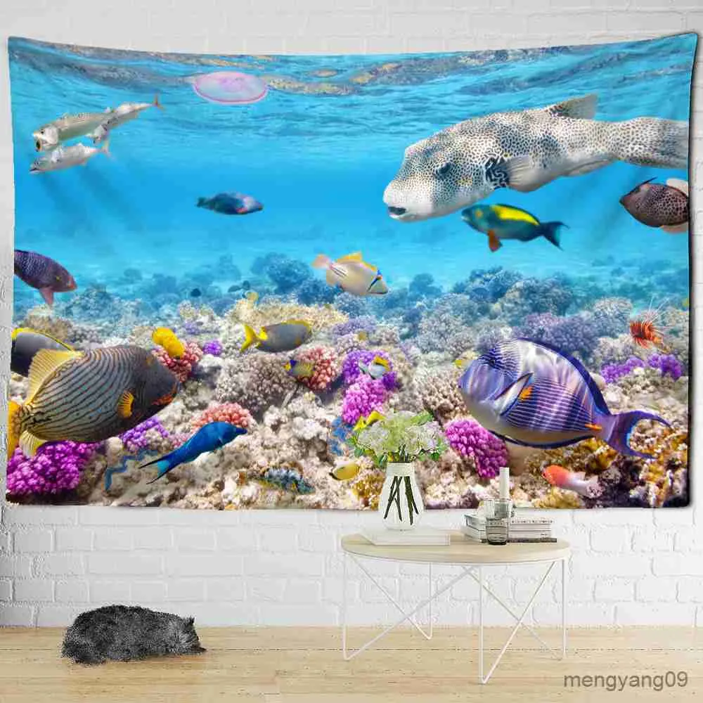 Tapisserier Deep Sea Fish and Coral Tapestry Wall Hanging Marine Animals Bedroom Living Room Art Home Decor R230815